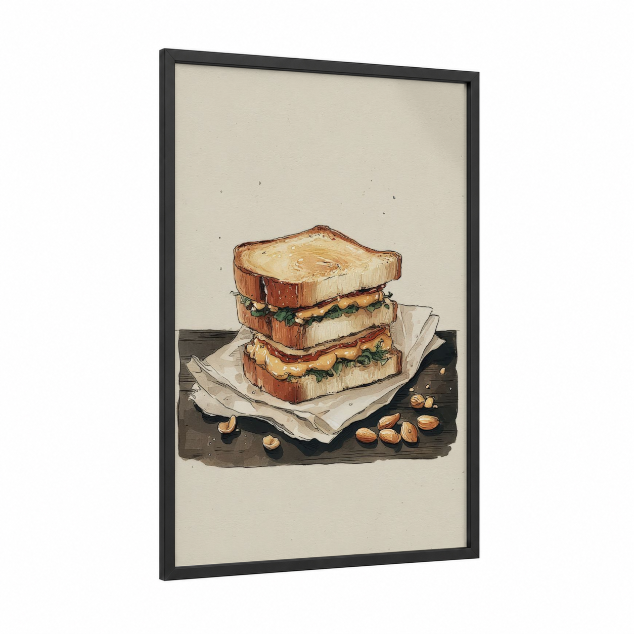 Gourmet Club Sandwich framed fast food print — black wood frame — cream and russet palette