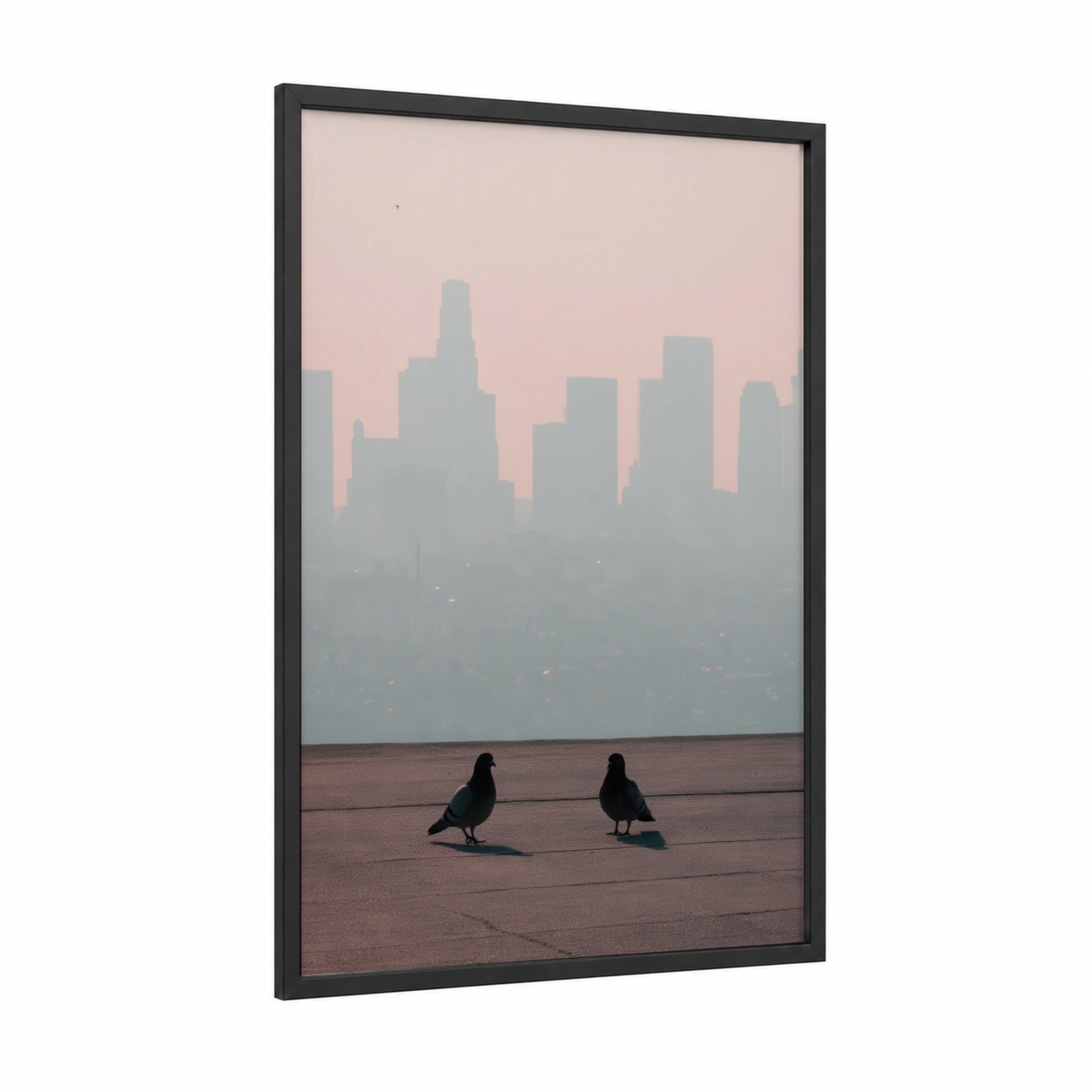 Urban Pigeons framed art print — black wood frame — gray and rose gold palette