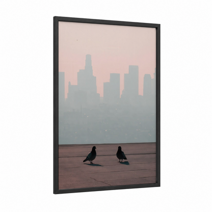 Urban Pigeons framed art print — black wood frame — gray and rose gold palette
