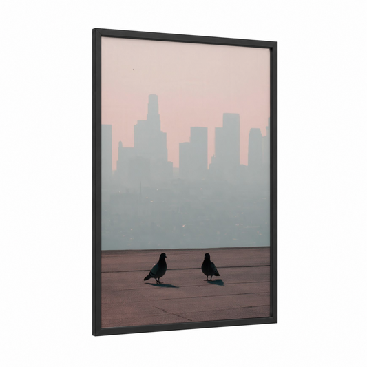 Urban Pigeons framed art print — black wood frame — gray and rose gold palette