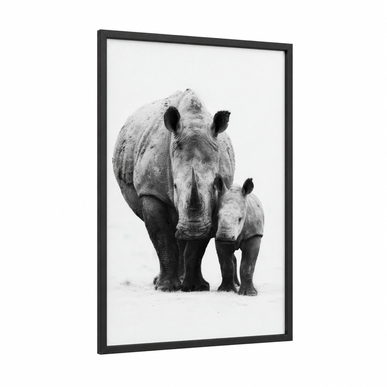 Rhino Mother and Calf framed art print — black wood frame — black and white palette