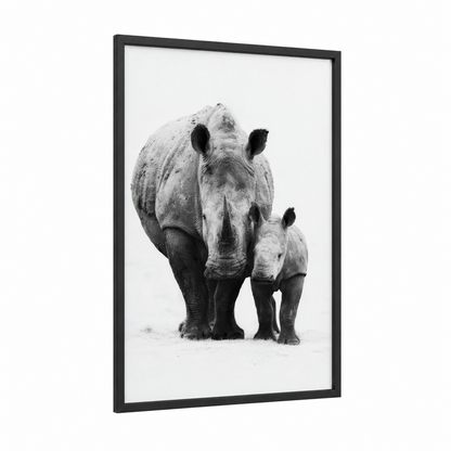 Rhino Mother and Calf framed art print — black wood frame — black and white palette