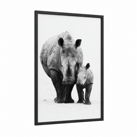 Rhino Mother and Calf framed art print — black wood frame — black and white palette