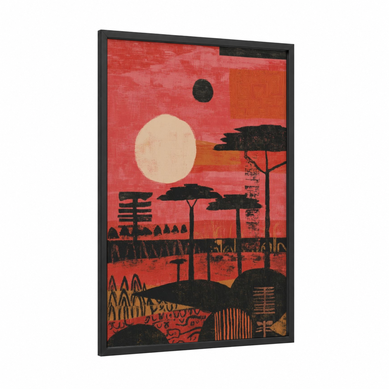 Crimson Kwanzaa Sunset framed art print — black wood frame — red and orange palette