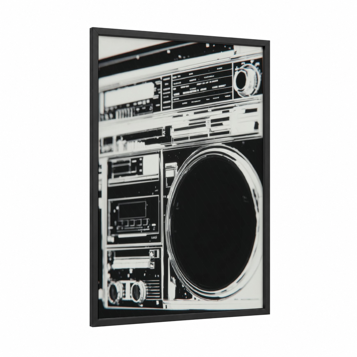 Vintage Boombox framed art print — black wood frame — black and white palette