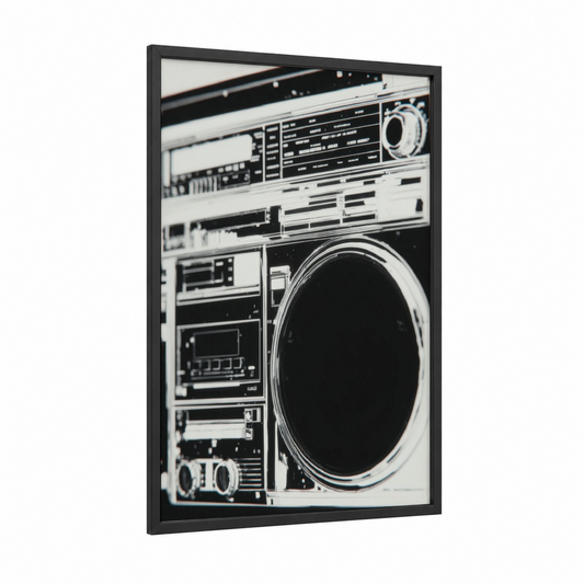 Vintage Boombox framed art print — black wood frame — black and white palette