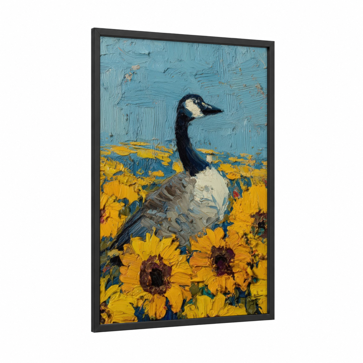 Sunflower Geese framed art print — black wood frame — blue and yellow gold palette