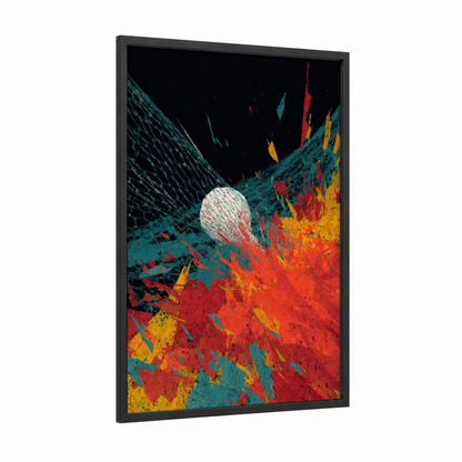 Explosive Lacrosse framed art print — black wood frame — red and teal palette