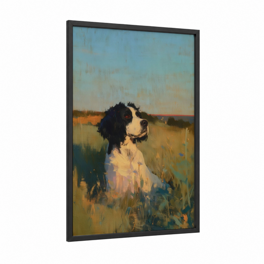 Golden Field Spaniel framed art print — black wood frame — blue and gold and gray and yellow palette