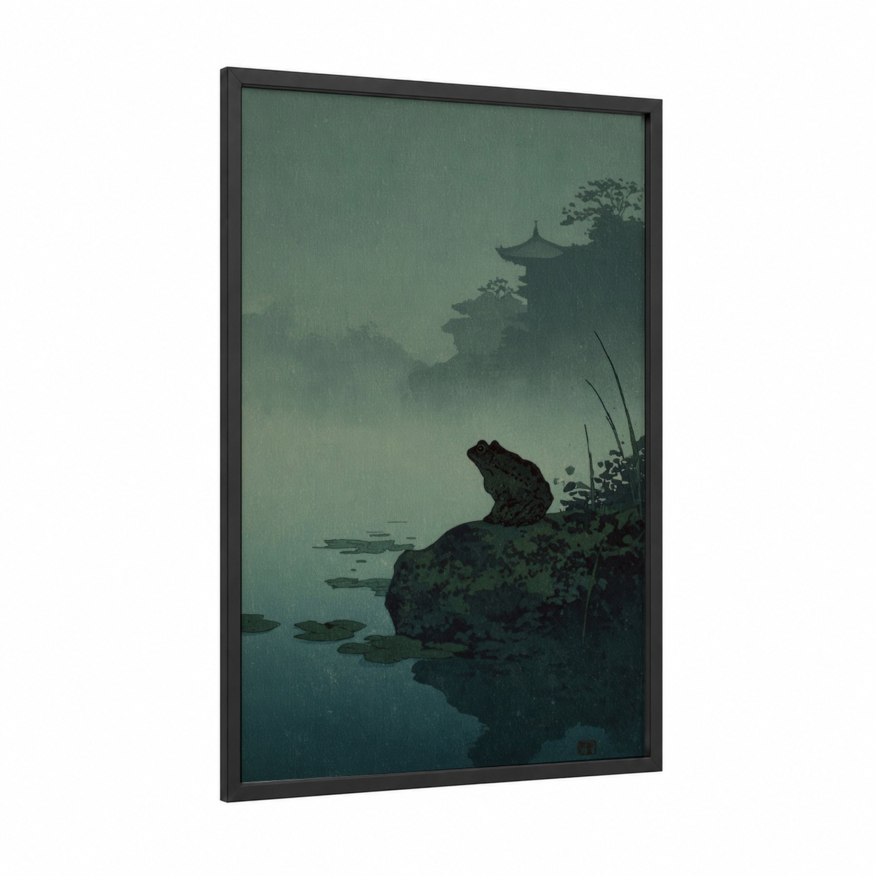 Misty Frog framed frogs and toads print — black wood frame — sage green and dove gray palette