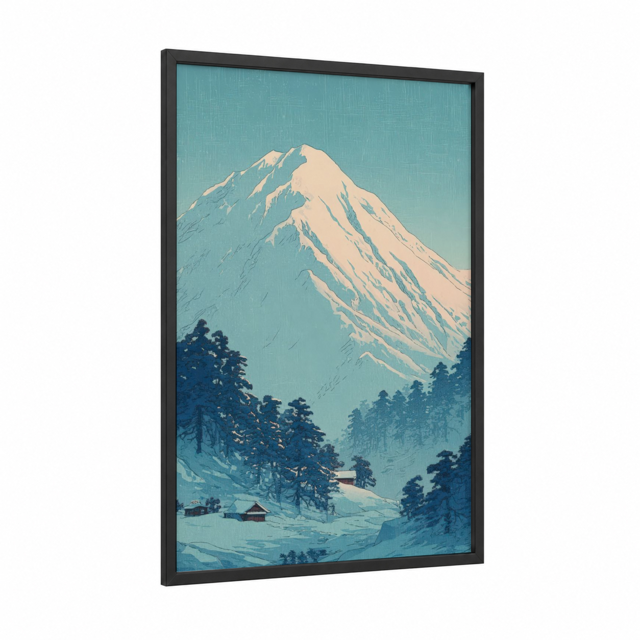 Snowy Mountain Peak framed glacier print — black wood frame — teal and white palette