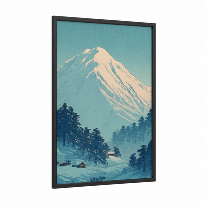 Snowy Mountain Peak framed glacier print — black wood frame — teal and white palette