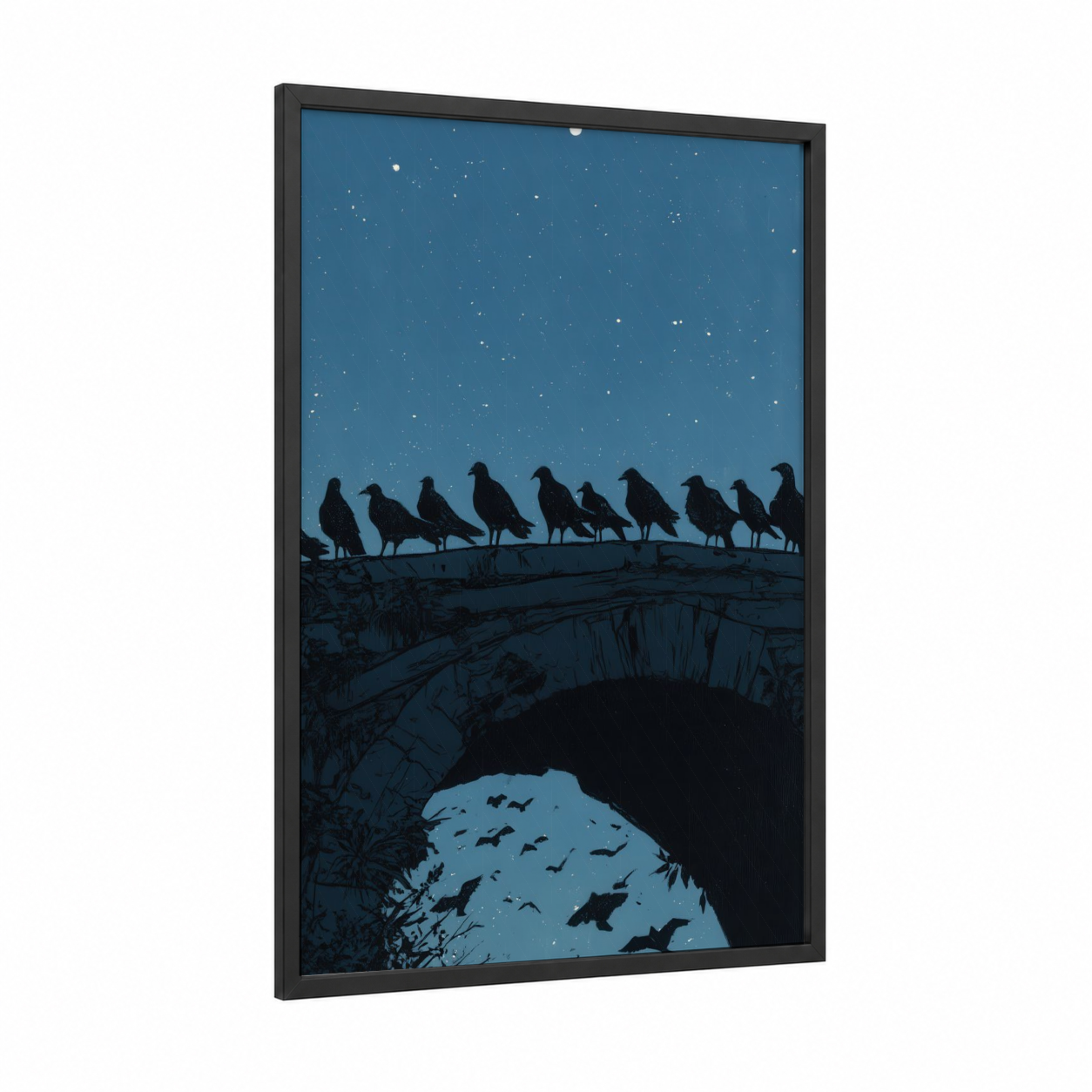 Starlit Pigeons framed art print — black wood frame — blue and black palette