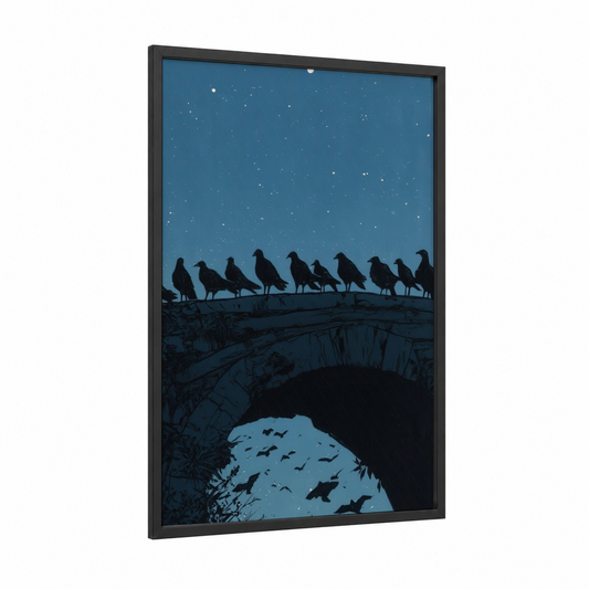 Starlit Pigeons framed art print — black wood frame — blue and black palette