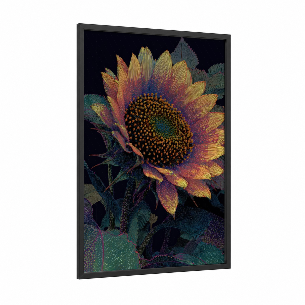 Twilight Sunflower framed art print — black wood frame — gold and purple palette