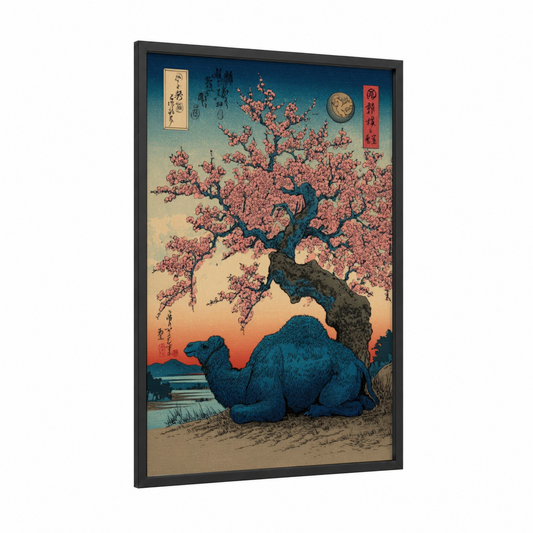 Blossom Camel framed art print — black wood frame — teal and rose gold palette