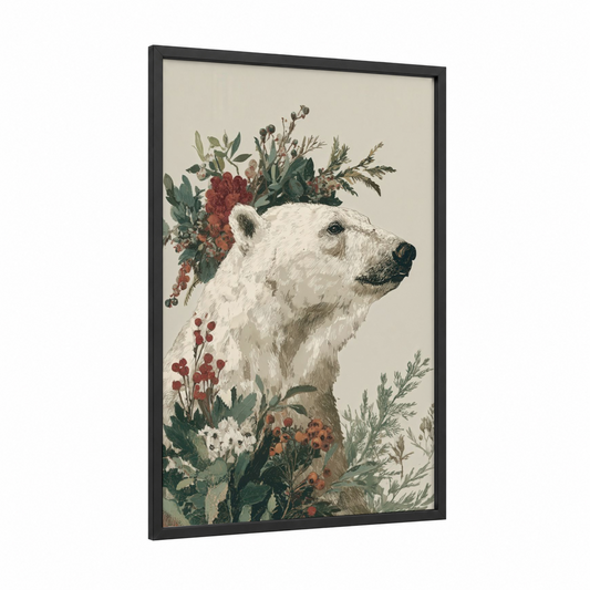 Floral Polar Bear framed art print — black wood frame — cream and dark green palette