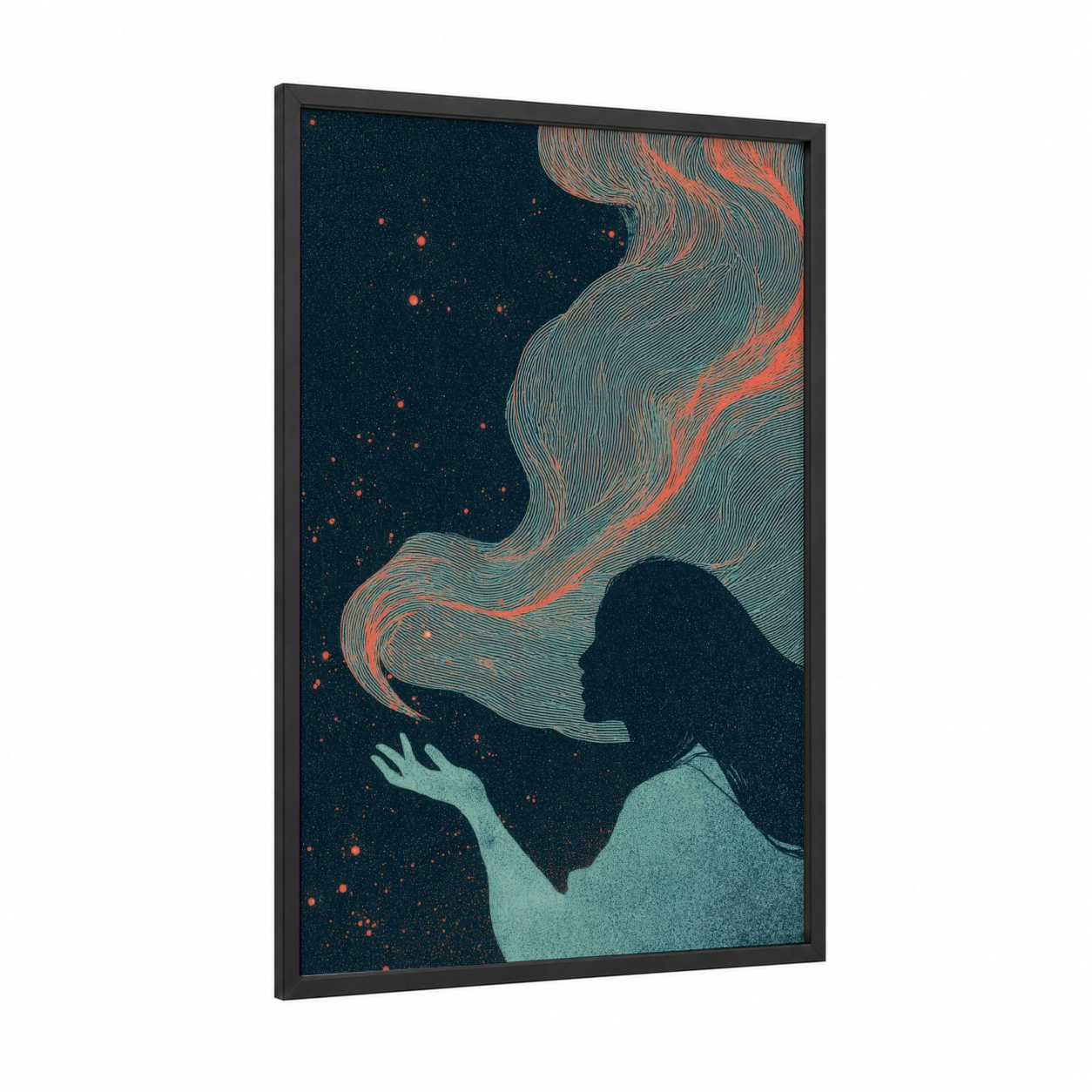 Cosmic Enchantress framed magic and witchcraft print — black wood frame — dark blue and salmon pink palette