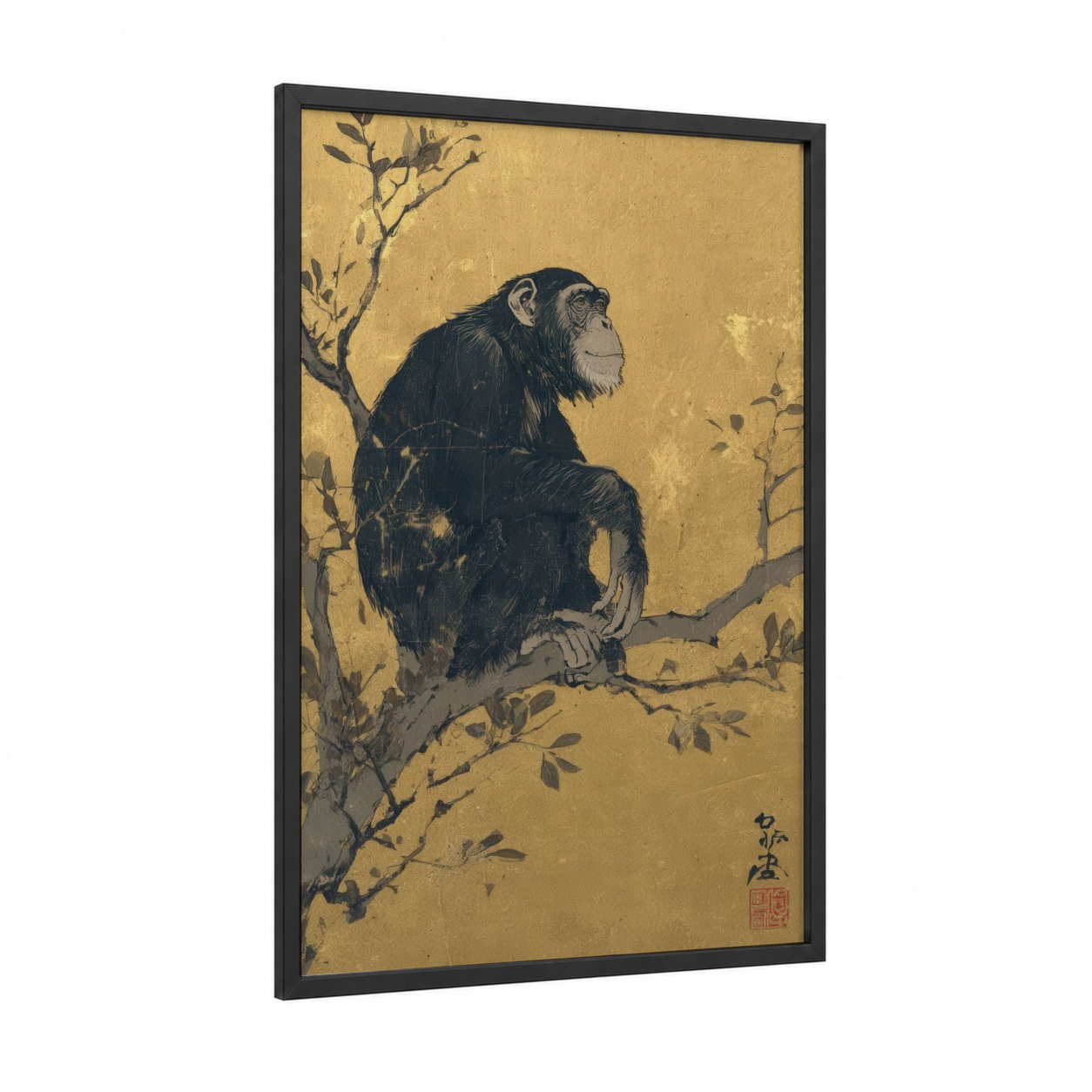 Contemplative Chimpanzee framed art print — black wood frame — gold and black and white palette