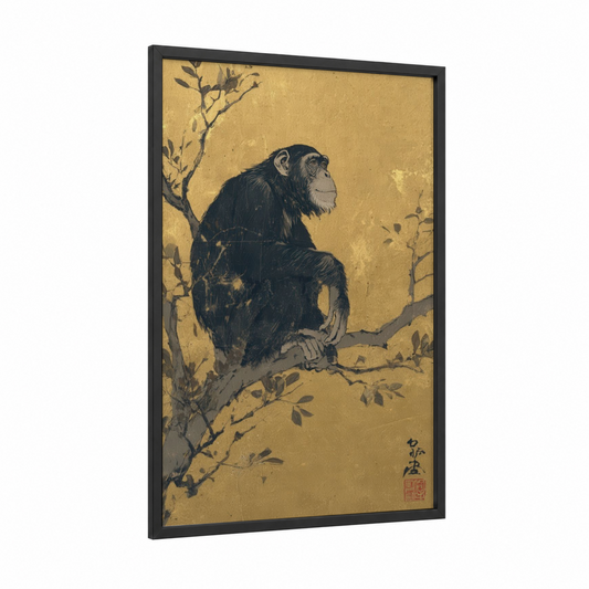 Contemplative Chimpanzee framed art print — black wood frame — gold and black and white palette