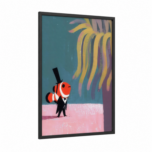 Dapper Clownfish framed clown fish print — black wood frame — teal and gold and pink palette