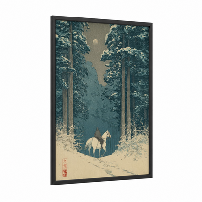 Snowy Forest Rider framed horseback print — black wood frame — teal and cream palette