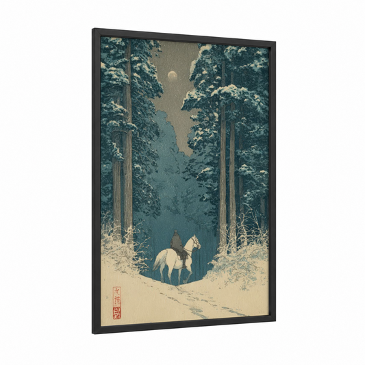 Snowy Forest Rider framed horseback print — black wood frame — teal and cream palette