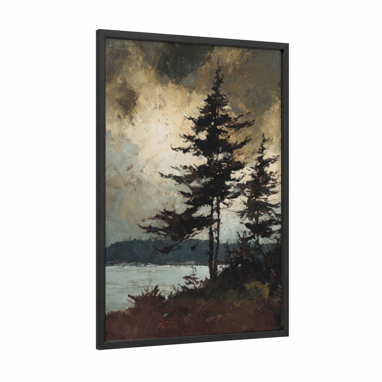 Windswept Cedars framed cedar tree print — black wood frame — gold and black and gold palette