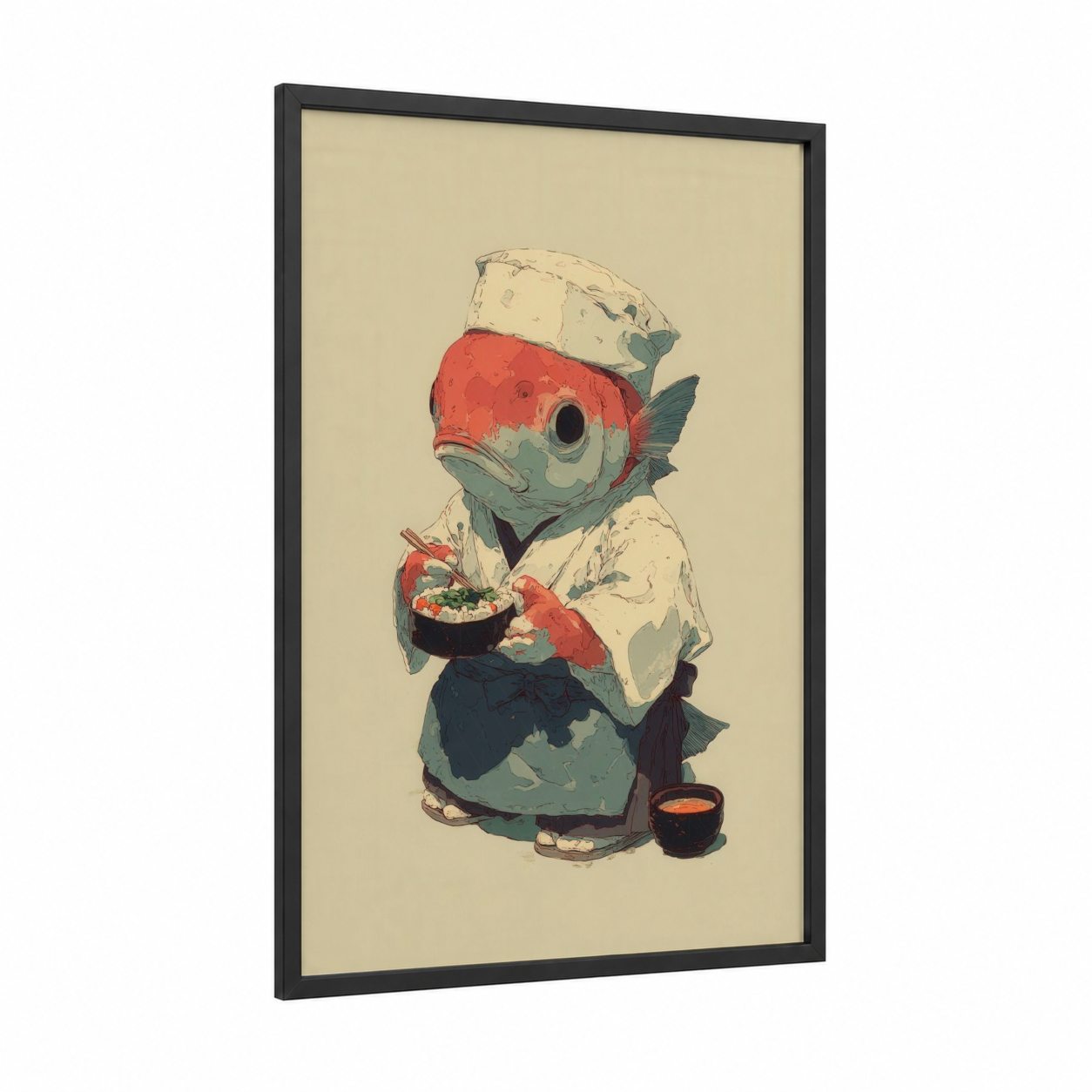 Chef Tuna framed art print — black wood frame — cream and red palette