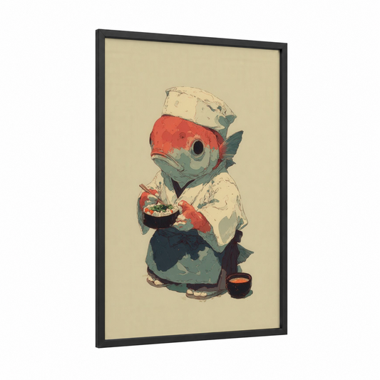 Chef Tuna framed art print — black wood frame — cream and red palette