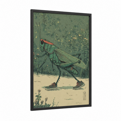 Adventurous Grasshopper framed art print — black wood frame — sage green and gold palette