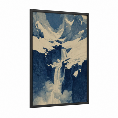 Alpine Waterfall framed art print — black wood frame — blue and cream palette