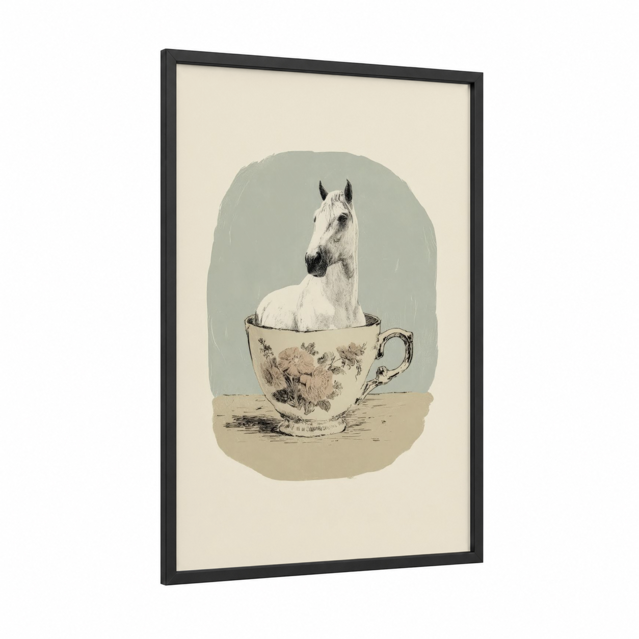 Teacup Andalusian framed andalusian horse print — black wood frame — cream and sage green palette