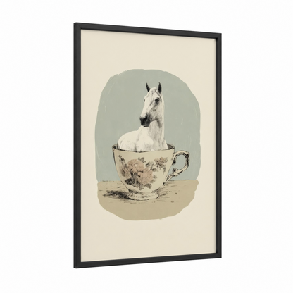 Teacup Andalusian framed andalusian horse print — black wood frame — cream and sage green palette