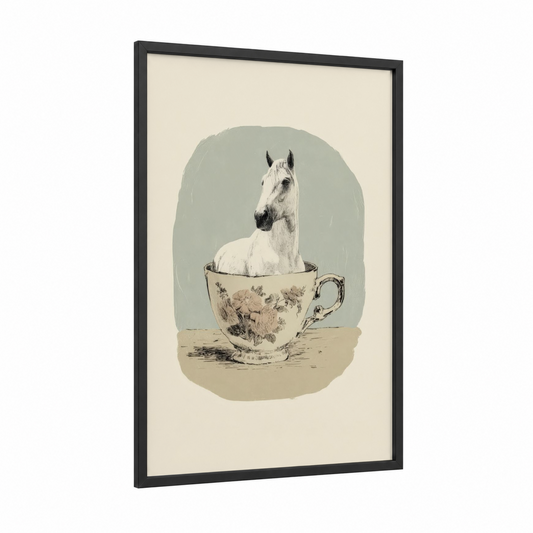 Teacup Andalusian framed andalusian horse print — black wood frame — cream and sage green palette