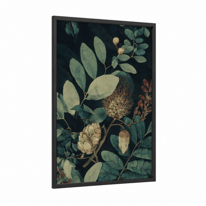 Botanical Protea framed savanna and desert trees print — black wood frame — sage green and black palette