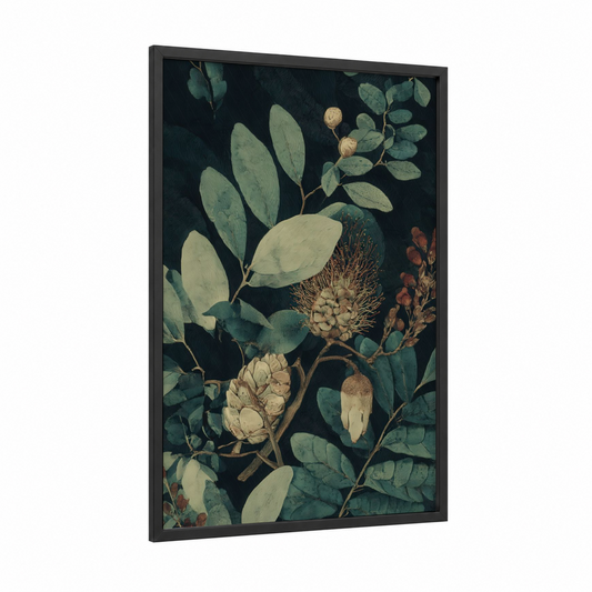 Botanical Protea framed savanna and desert trees print — black wood frame — sage green and black palette