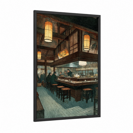 Vintage Ramen Counter framed store print — black wood frame — brown and gold palette