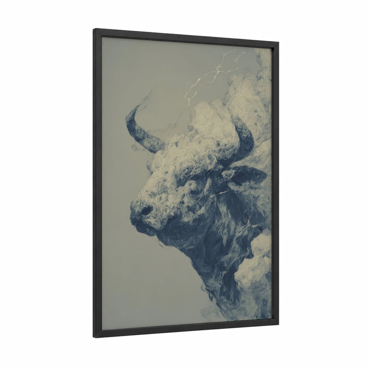 Stormy Yak framed art print — black wood frame — blue and cream palette