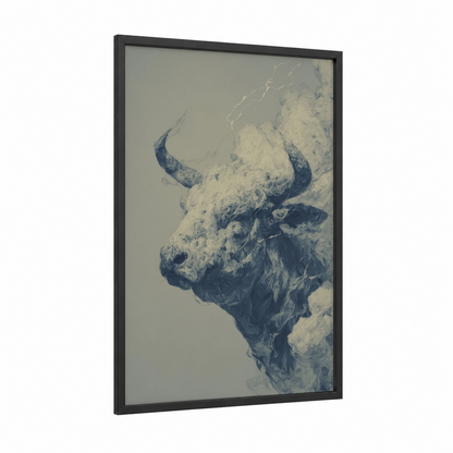 Stormy Yak framed art print — black wood frame — blue and cream palette
