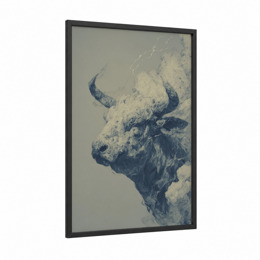 Stormy Yak framed art print — black wood frame — blue and cream palette