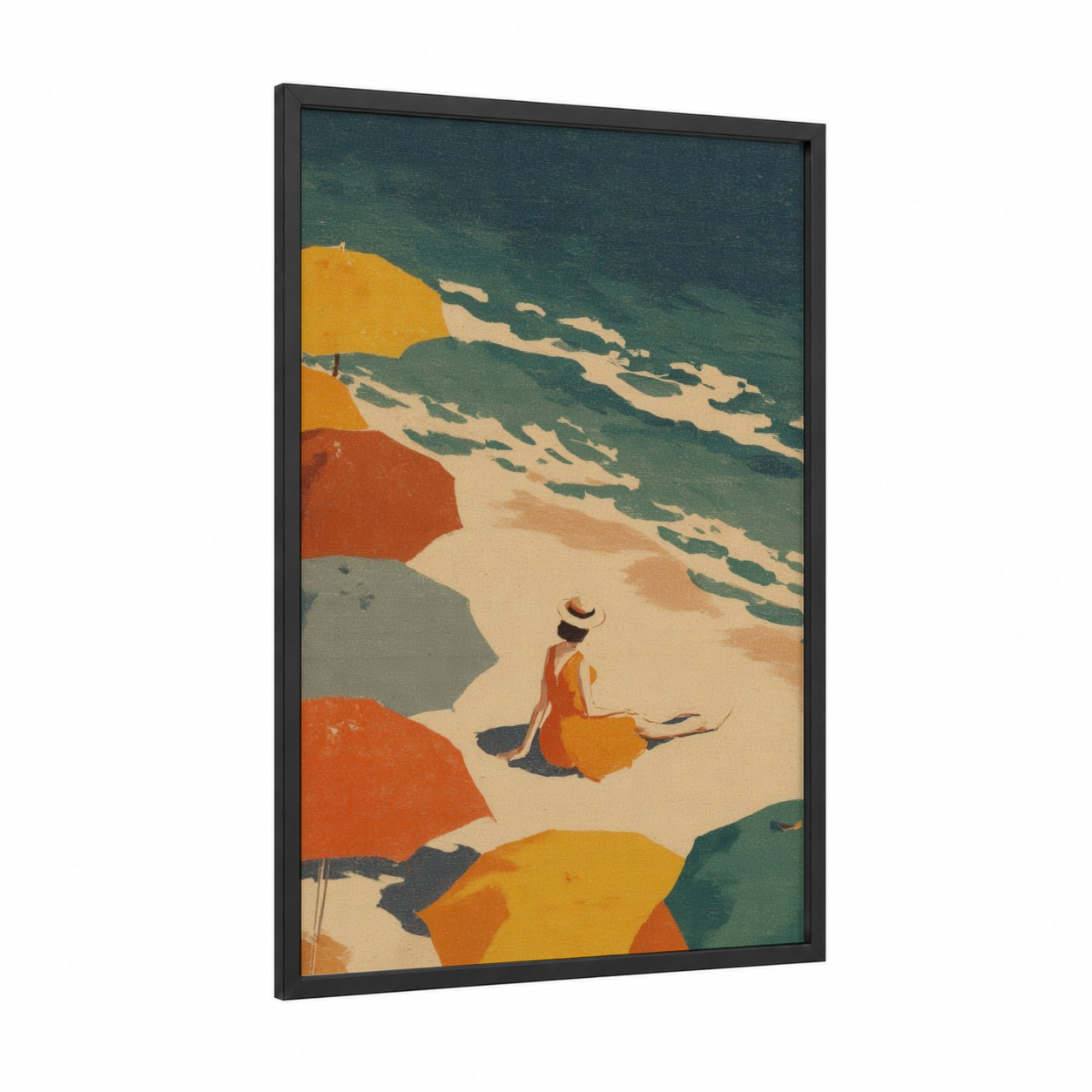 Sunny Beach Retreat framed summer print — black wood frame — orange and teal palette