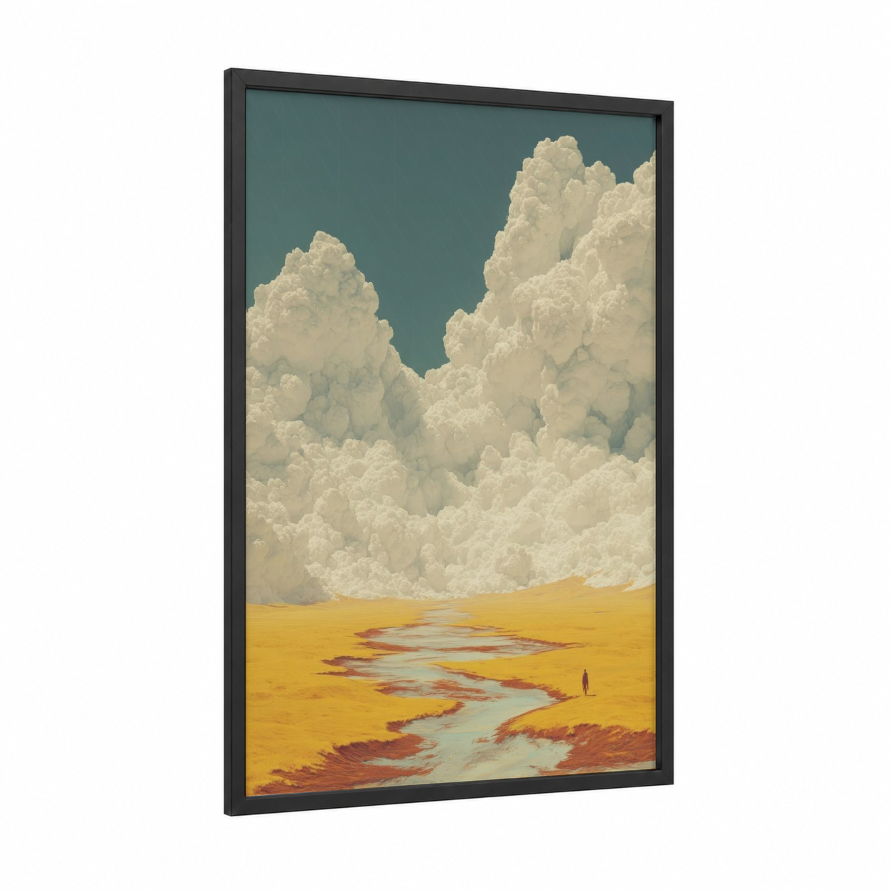 Popcorn Desert framed art print — black wood frame — blue and gold and cream palette