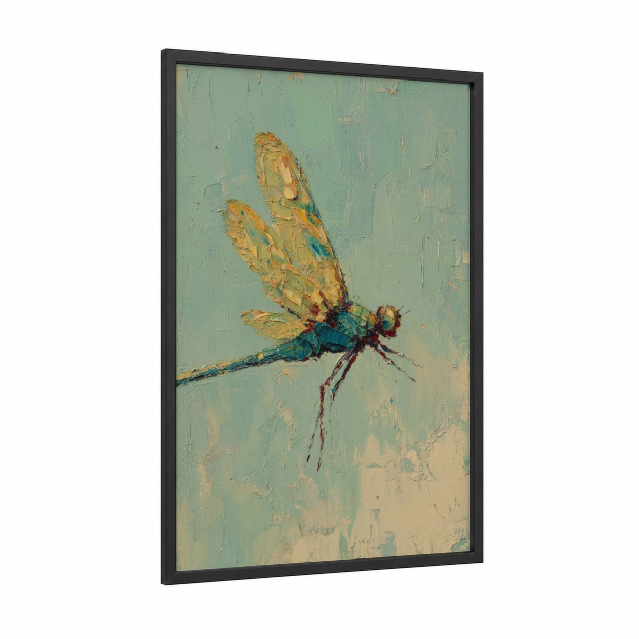 Golden Dragonfly framed art print — black wood frame — light green and gold palette