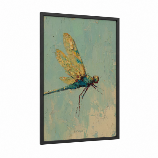 Golden Dragonfly framed art print — black wood frame — light green and gold palette