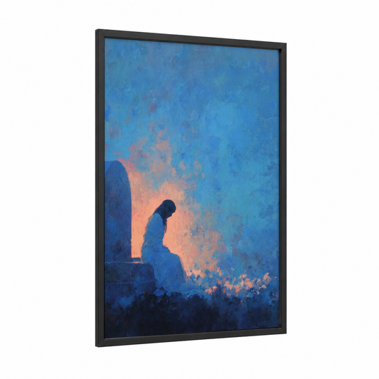 Contemplative Magdalena framed mary magdalena print — black wood frame — blue and gold palette
