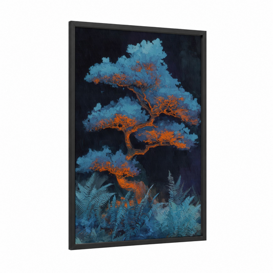 Luminous Bonsai framed bonsai tree print — black wood frame — blue and orange palette