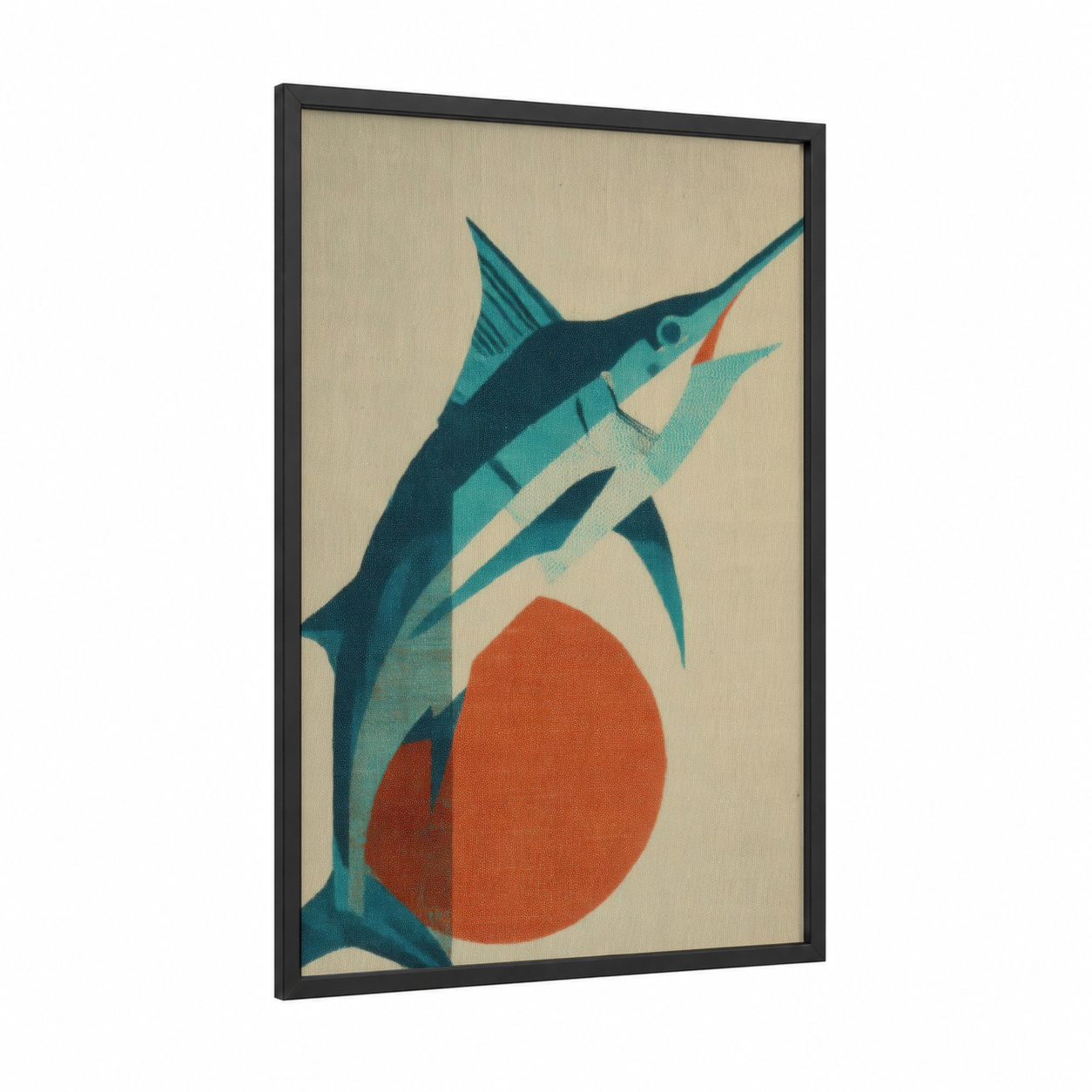 Dynamic Marlin framed art print — black wood frame — dark blue and orange palette