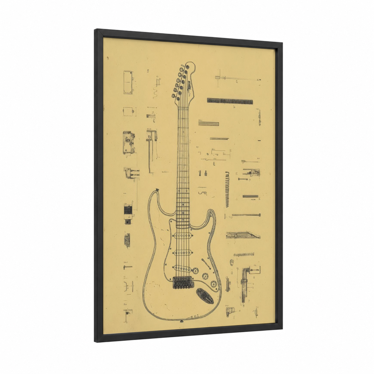 Stratocaster Blueprint framed electric guitar print — black wood frame — cream and black palette