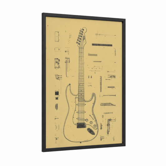 Stratocaster Blueprint framed electric guitar print — black wood frame — cream and black palette